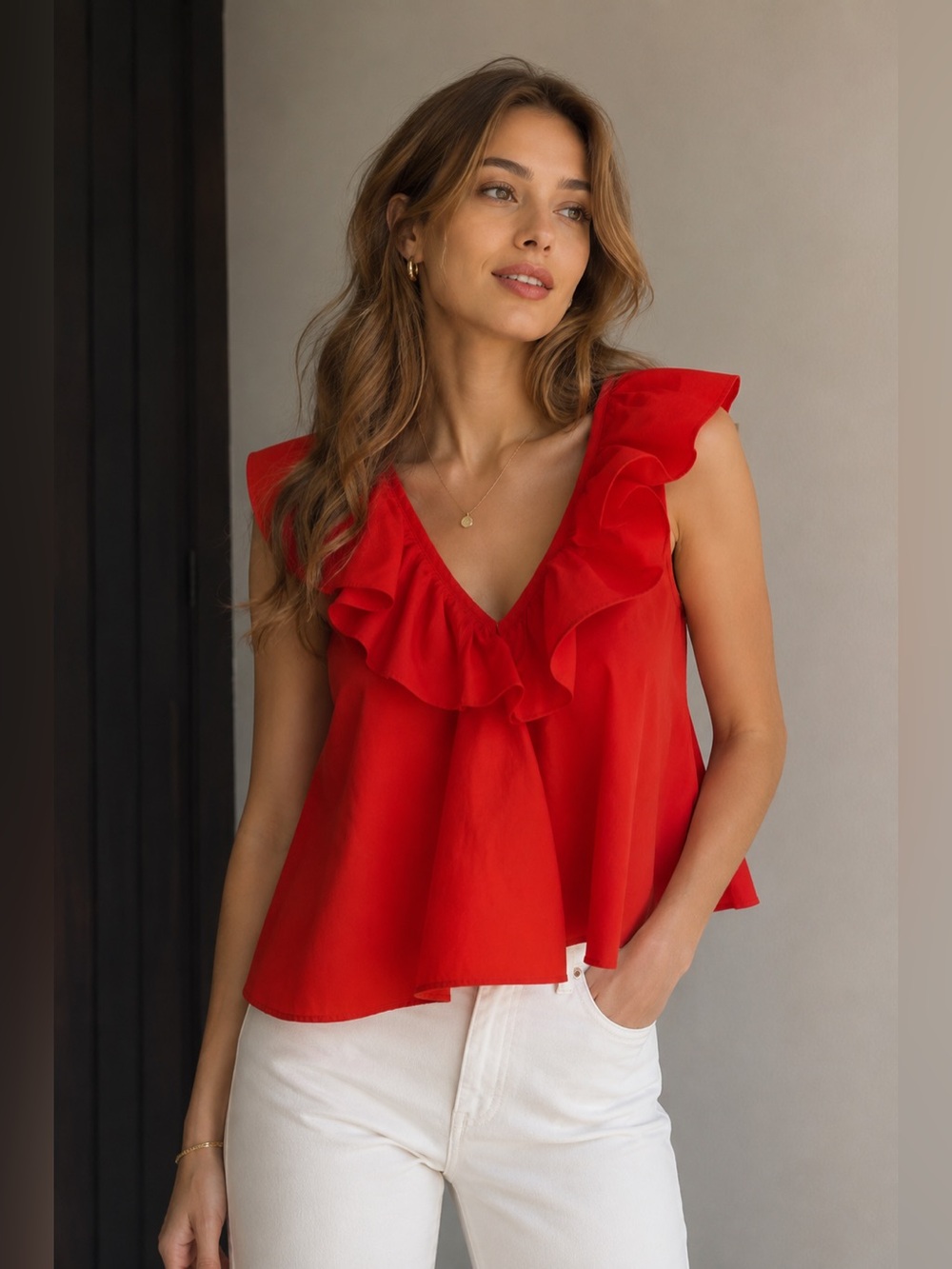 Zara Trafaluc Collection Red Ruffle Sleeveless Blouse Top Size S
